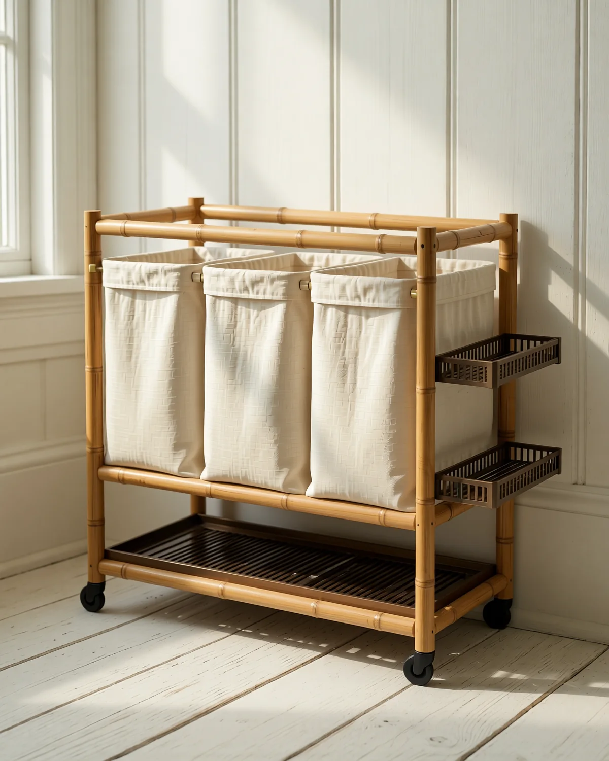 Bamboo Three-Bag Laundry Station, Approx. 41.5-42 W x 17 D x 32 H in