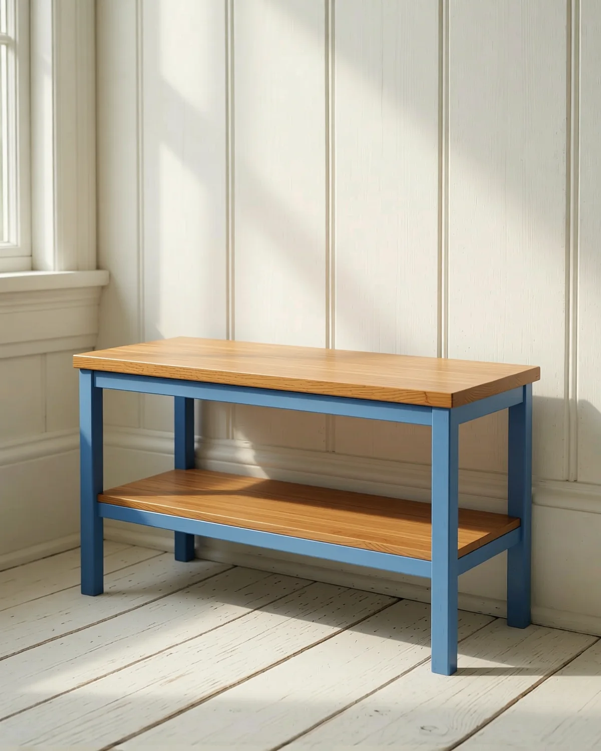 Entryway Bench with Shelf, About 40 in wide, wood and metal, open shoe shelf below