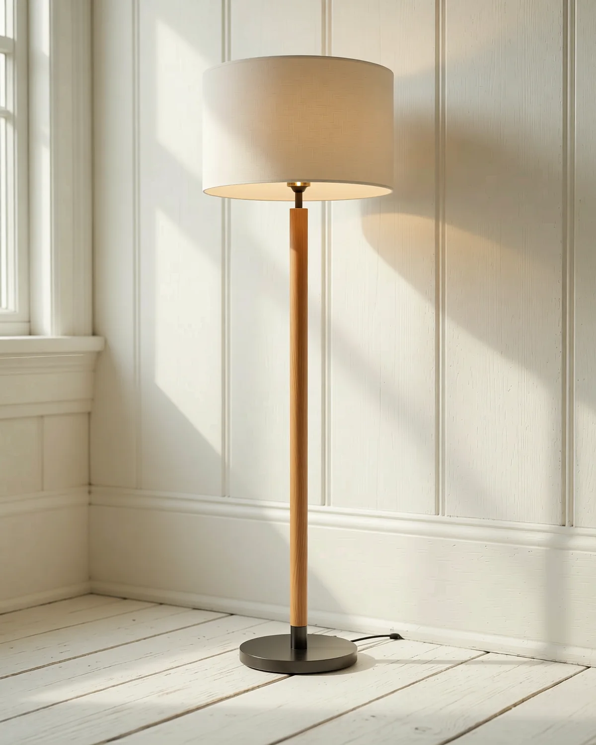 Wood Post Floor Lamp, 65 in high; 19 in diameter fabric shade